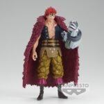 Figurine de Eustass Kid en PVC mesurant 17 cm, portant un manteau de fourrure rouge, avec une cicatrice visible et des détails représentant ses pouvoirs électromagnétiques, fabriquée par BANPRESTO.