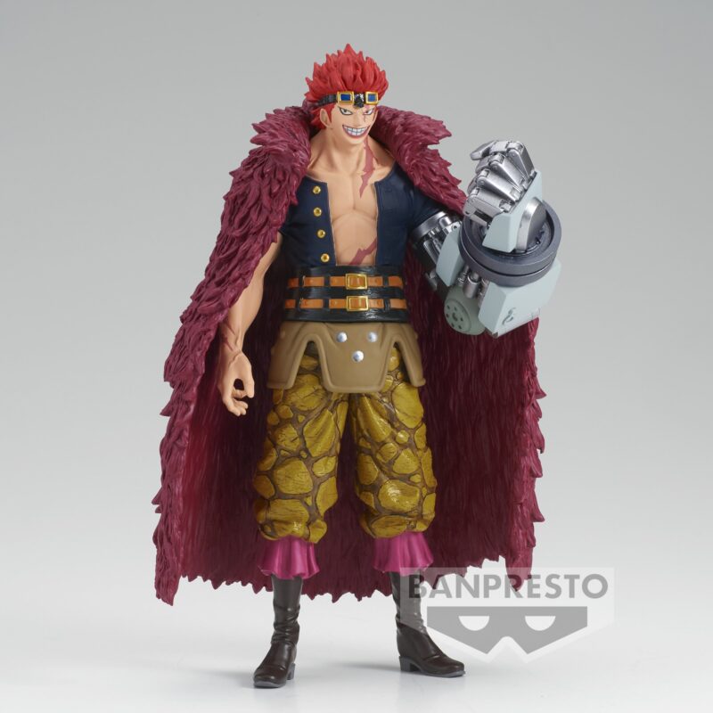 Figurine de Eustass Kid en PVC mesurant 17 cm, portant un manteau de fourrure rouge, avec une cicatrice visible et des détails représentant ses pouvoirs électromagnétiques, fabriquée par BANPRESTO.