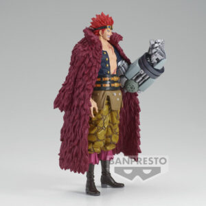 Figurine de Eustass Kid en PVC mesurant 17 cm, portant un manteau de fourrure rouge, avec une cicatrice visible et des détails représentant ses pouvoirs électromagnétiques, fabriquée par BANPRESTO.