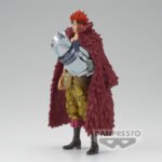 Figurine de Eustass Kid en PVC mesurant 17 cm, portant un manteau de fourrure rouge, avec une cicatrice visible et des détails représentant ses pouvoirs électromagnétiques, fabriquée par BANPRESTO.