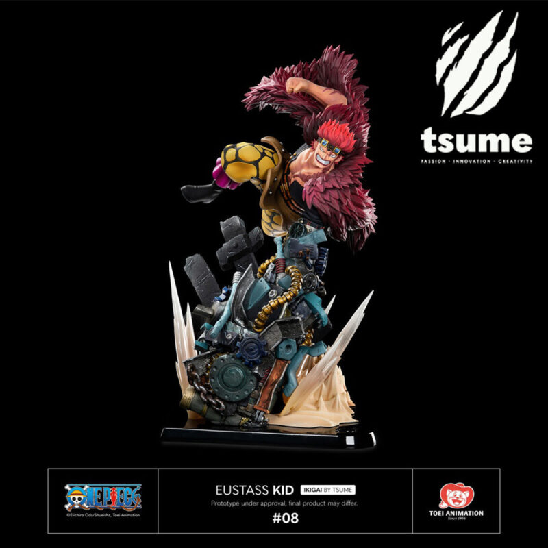 Figurine en résine d'Eustass Kid dans une pose dynamique, mettant en avant son bras mécanique et ses cicatrices, fabriquée par TSUME ART.