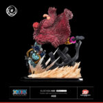 Figurine en résine d'Eustass Kid dans une pose dynamique, mettant en avant son bras mécanique et ses cicatrices, fabriquée par TSUME ART.