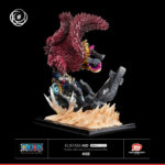 Figurine en résine d'Eustass Kid dans une pose dynamique, mettant en avant son bras mécanique et ses cicatrices, fabriquée par TSUME ART.