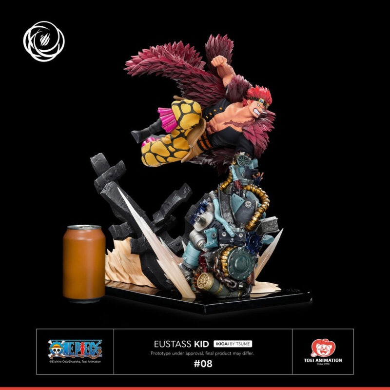 Figurine en résine d'Eustass Kid dans une pose dynamique, mettant en avant son bras mécanique et ses cicatrices, fabriquée par TSUME ART.