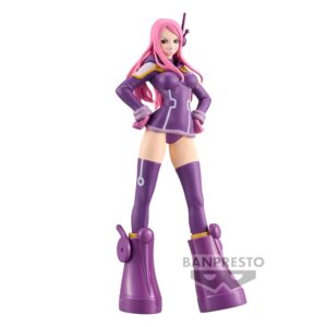 Figurine de Jewelry Bonney avec des cheveux roses et des yeux violets, dans une pose dynamique, fabriquée en PVC, mesurant 16 cm, appartenant à la série DXF The Grandline Series de BANPRESTO.