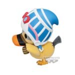 Figurine de Karoo, le canard de One Piece, mesurant 7 cm, avec un plumage jaune vif, un bec orange et noir, et portant des lunettes amusantes, dans une pose dynamique.