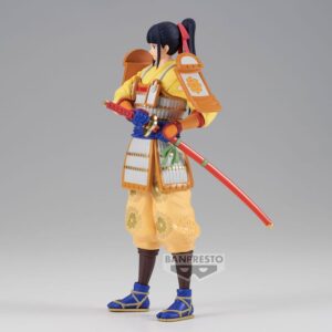 Figurine de Kikunojo en position dynamique, vêtue de sa tenue de samouraï, avec des détails minutieux et un effet de mouvement, fabriquée par BANPRESTO.