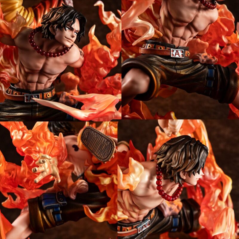 Figurine de Luffy et Ace dans une pose dynamique avec des effets de flammes sculptés, fabriquée par MegaHouse.