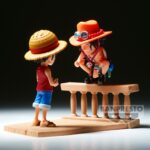 Figurine de 8 cm représentant Portgas D Ace accroupi sur une barrière en bois, faisant face à Monkey D Luffy, réalisée en PVC avec des détails soignés et des couleurs vives.