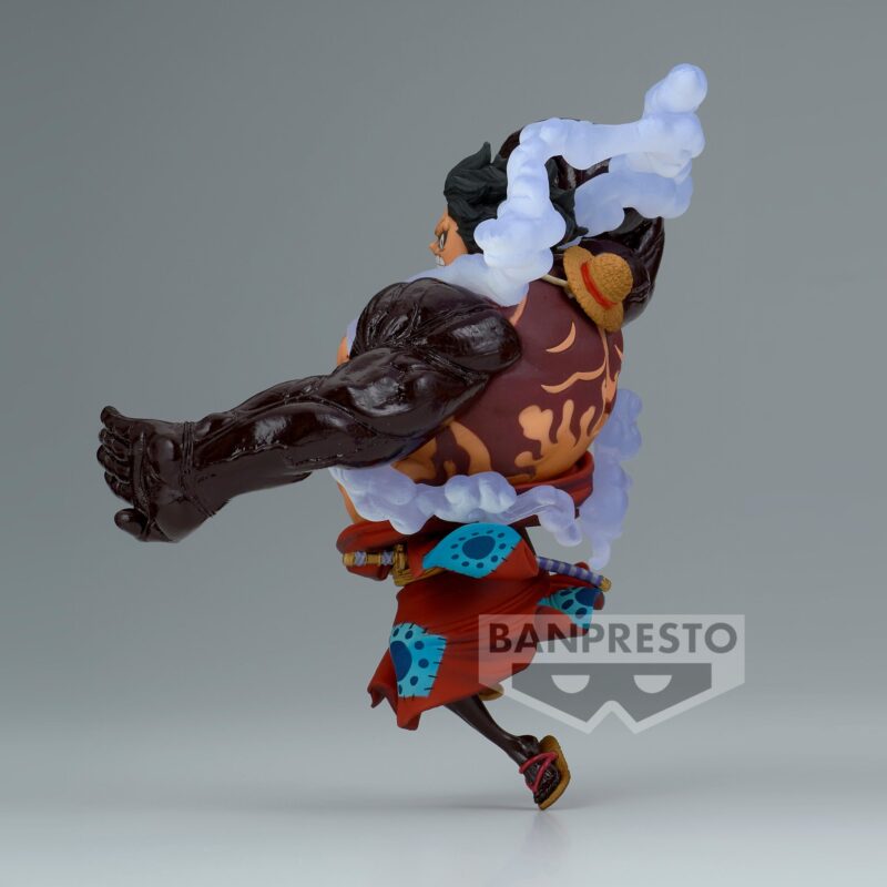 Figurine de Monkey D Luffy dans sa forme Gear 4, Bound Man, avec une posture dynamique inspirée de son affrontement contre Kaido, réalisée en PVC, mesurant 13 cm.