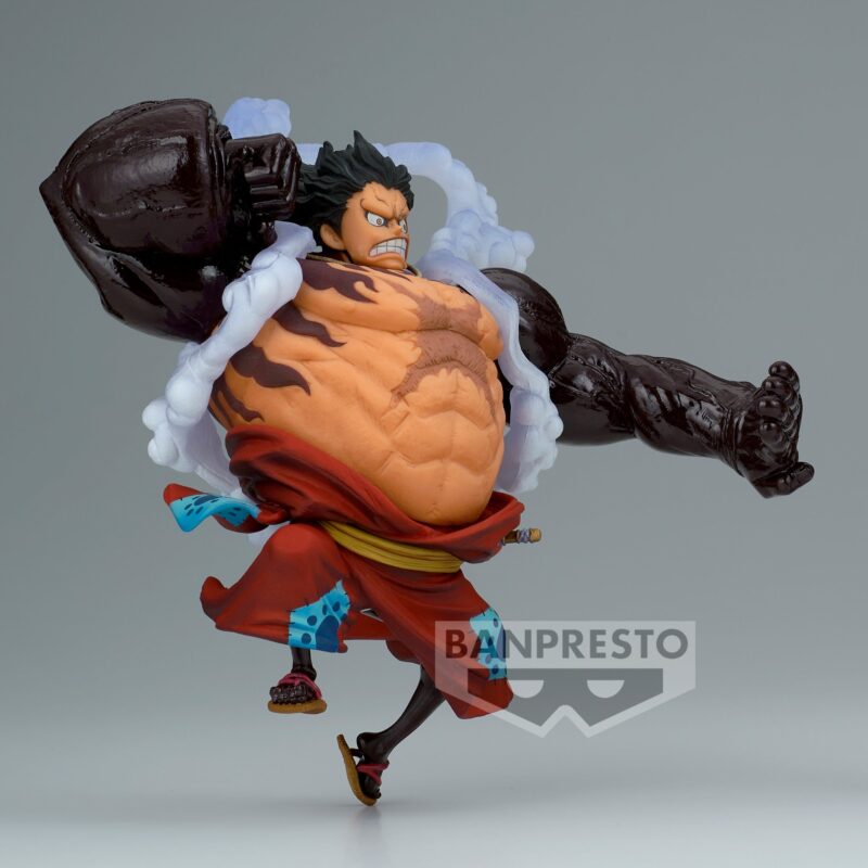 Figurine de Monkey D Luffy dans sa forme Gear 4, Bound Man, avec une posture dynamique inspirée de son affrontement contre Kaido, réalisée en PVC, mesurant 13 cm.