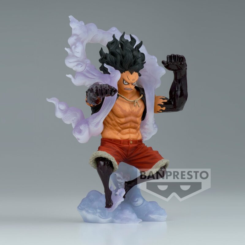Figurine de Monkey D. Luffy en PVC mesurant 14 cm, représentant le personnage dans sa transformation Gear 4 Snake Man avec une posture dynamique, fabriquée par Banpresto.