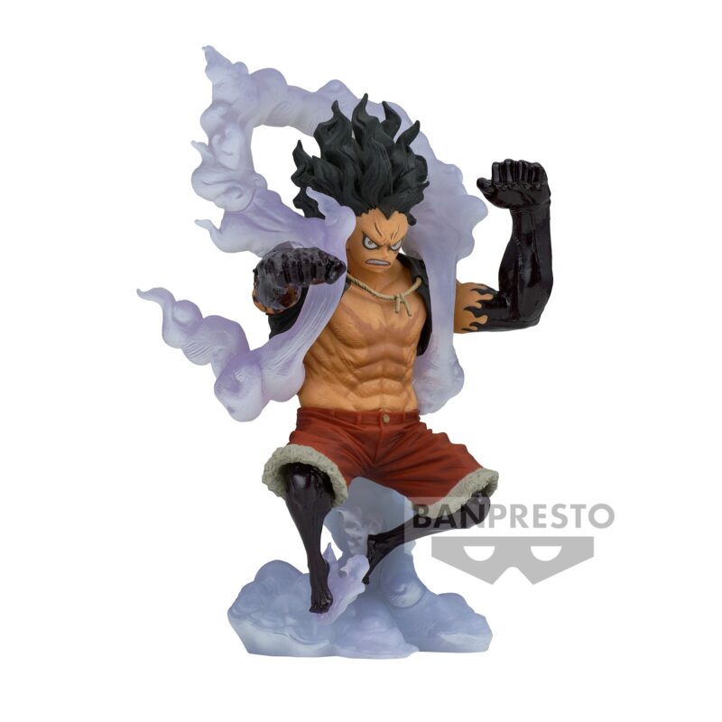 Figurine de Monkey D. Luffy en PVC mesurant 14 cm, représentant le personnage dans sa transformation Gear 4 Snake Man avec une posture dynamique, fabriquée par Banpresto.