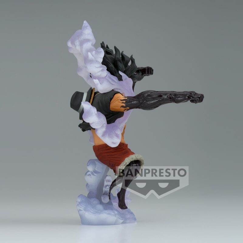 Figurine de Monkey D. Luffy en PVC mesurant 14 cm, représentant le personnage dans sa transformation Gear 4 Snake Man avec une posture dynamique, fabriquée par Banpresto.
