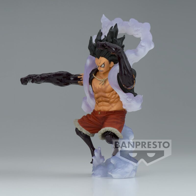 Figurine de Monkey D. Luffy en PVC mesurant 14 cm, représentant le personnage dans sa transformation Gear 4 Snake Man avec une posture dynamique, fabriquée par Banpresto.
