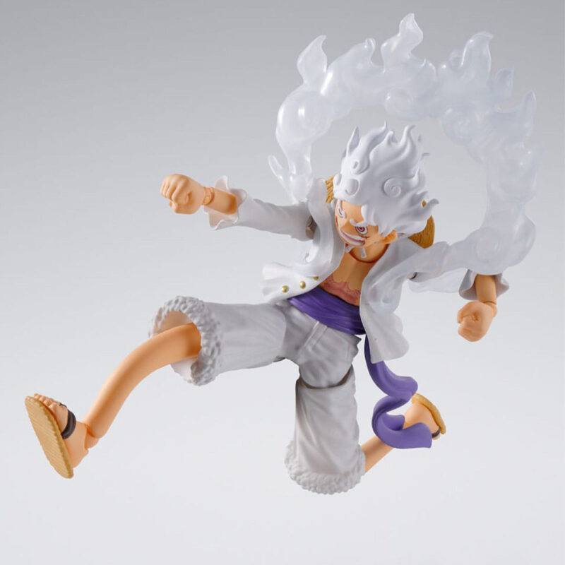 Figurine articulée de Monkey D Luffy en Gear 5 mesurant 15 cm, avec visage optionnel, quatre expressions faciales, trois paires de mains et bras étendus, représentant une scène dynamique de combat.