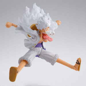 Figurine articulée de Monkey D Luffy en Gear 5 mesurant 15 cm, avec visage optionnel, quatre expressions faciales, trois paires de mains et bras étendus, représentant une scène dynamique de combat.