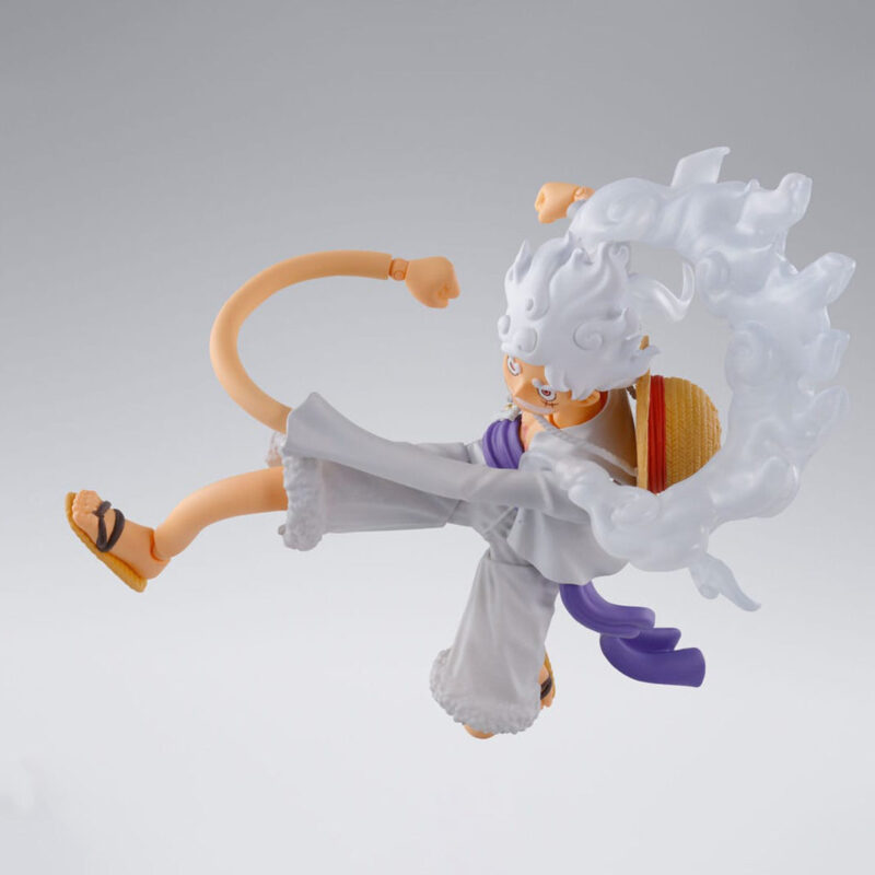 Figurine articulée de Monkey D Luffy en Gear 5 mesurant 15 cm, avec visage optionnel, quatre expressions faciales, trois paires de mains et bras étendus, représentant une scène dynamique de combat.