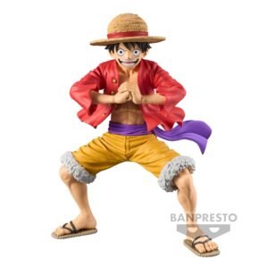 Figurine de Monkey D. Luffy en PVC, mesurant 21 cm, avec une posture dynamique, chapeau de paille et poing levé, représentant le personnage de la série One Piece, fabriquée par Banpresto.