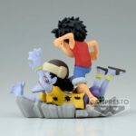 Figurine de Luffy en PVC mesurant 7 cm, représentant le personnage en pleine action écrasant Arlong au sol, avec une expression déterminée et une pose dynamique, fabriquée par Banpresto.