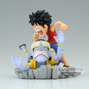 Figurine de Luffy en PVC mesurant 7 cm, représentant le personnage en pleine action écrasant Arlong au sol, avec une expression déterminée et une pose dynamique, fabriquée par Banpresto.