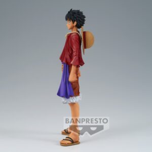 Figurine de Monkey D. Luffy de la collection DXF The Grandline Series Wanokuni, mesurant 16 cm, représentant Luffy dans une pose dynamique avec des détails soignés et des couleurs vives.