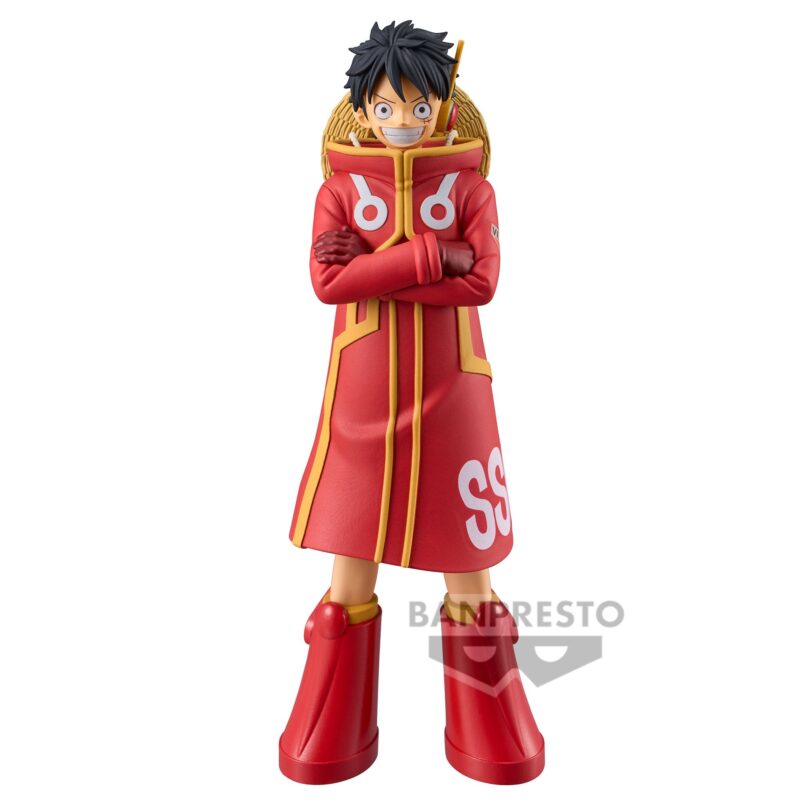 Figurine de Monkey D Luffy de 15 cm en PVC représentant le personnage avec les bras croisés et un sourire radieux, fabriquée par Banpresto.