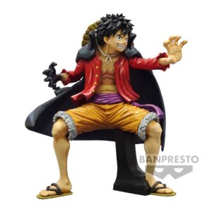 Figurine de Monkey D. Luffy de 20 cm, en posture de combat, portant une tenue de l'Arc Onigashima avec une cape noire, fabriquée par Banpresto.