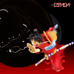 Figurine murale de Monkey D. Luffy dans une posture dynamique, portant un kimono Wano, avec la main gauche tendue et le bras droit prêt à libérer une technique Gum-Gum, fabriquée en PVC, ABS et métal.