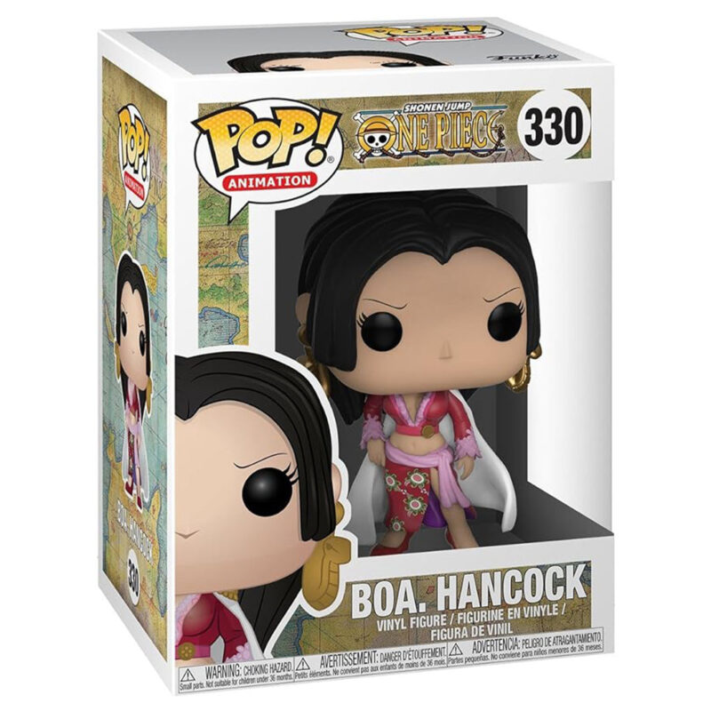 Figurine Pop de Boa Hancock avec une pose majestueuse, des cheveux longs et noirs, un regard perçant, mesurant 9 cm, fabriquée par Funko.