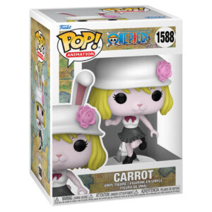 Figurine Pop de Carrot, un personnage de One Piece, avec un pelage blanc cassé, de grandes oreilles de lapin, des cheveux blonds courts et une queue touffue ronde, fabriquée par Funko.