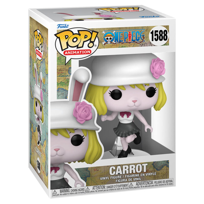 Figurine Pop de Carrot, un personnage de One Piece, avec un pelage blanc cassé, de grandes oreilles de lapin, des cheveux blonds courts et une queue touffue ronde, fabriquée par Funko.