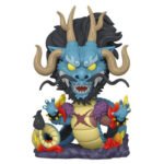 Kaido en dragon oriental avec des écailles brillantes, une longue chevelure, des moustaches et une cicatrice, dans une pose dynamique qui accentue son regard menaçant, fabriqué par Funko.