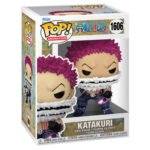 Figurine Pop de Charlotte Katakuri brandissant son trident avec une posture imposante, cheveux violets pointus, écharpe couvrant une partie de son visage, fabriquée par Funko.