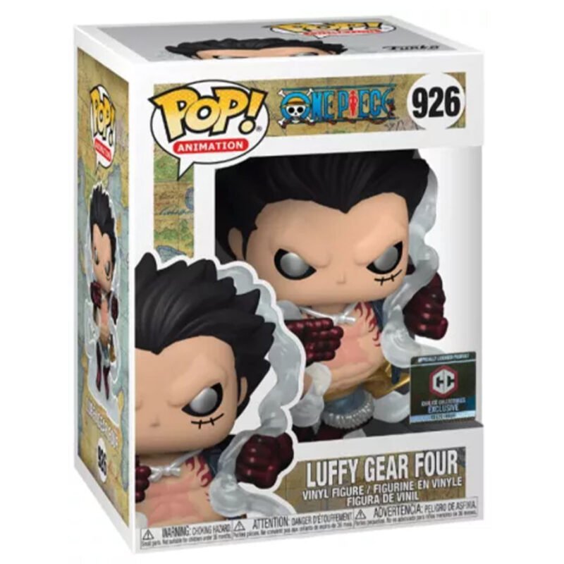 Figurine Pop de Luffy dans sa forme Gear 4 Bound Man, avec une main en avant et entouré d'un nuage de fumée, représentant une posture de combat dynamique, fabriquée par Funko.
