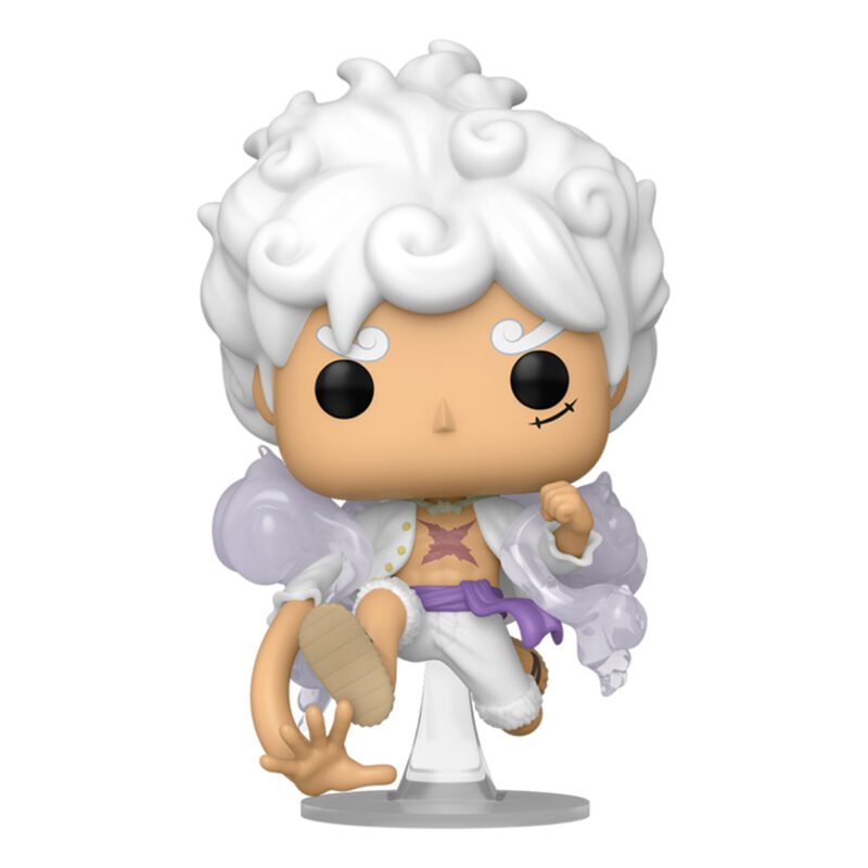Figurine Pop de Luffy en Gear 5 avec des cheveux et des vêtements blancs entourés de volutes de vapeur, fabriquée par Funko.
