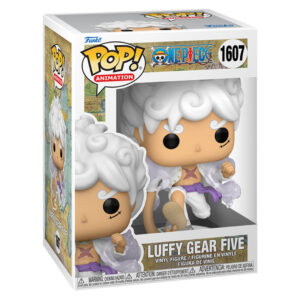 Figurine Pop de Luffy en Gear 5 avec des cheveux et des vêtements blancs entourés de volutes de vapeur, fabriquée par Funko.