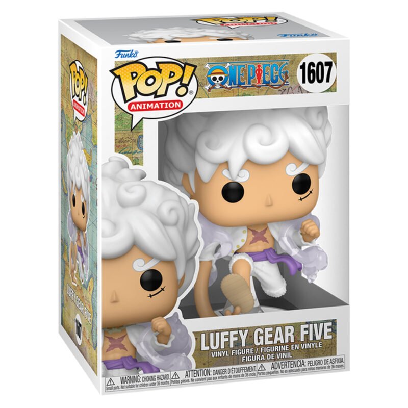 Figurine Pop de Luffy en Gear 5 avec des cheveux et des vêtements blancs entourés de volutes de vapeur, fabriquée par Funko.