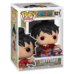 Figurine Pop de Luffytaro en kimono rouge métallisé, représentant le personnage de One Piece, avec des détails soignés et une pose dynamique, fabriquée par Funko.