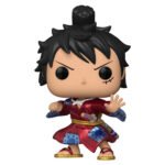 Figurine Pop de Luffytaro en kimono rouge métallisé, représentant le personnage de One Piece, avec des détails soignés et une pose dynamique, fabriquée par Funko.