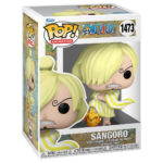 Figurine Pop de Sanji dans une pose dynamique, vêtu d'un kimono rayé jaune et blanc avec un pied enflammé, fabriquée par Funko.