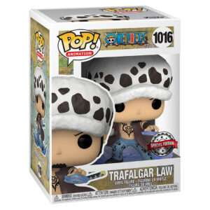Figurine Pop de Trafalgar Law dans une pose dynamique utilisant sa technique Room avec une aura bleue claire, fabriquée en PVC par Funko.