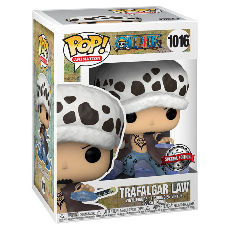 Figurine Pop de Trafalgar Law dans une pose dynamique utilisant sa technique Room avec une aura bleue claire, fabriquée en PVC par Funko.
