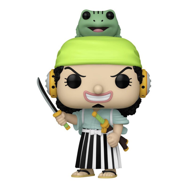 Figurine Funko Pop représentant Usopp dans une pose dynamique, vêtu d'un yukata bleu clair et d'un hakama rayé noir et blanc, avec un bandana vert et un katana en main.