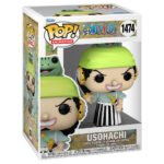 Figurine Funko Pop représentant Usopp dans une pose dynamique, vêtu d'un yukata bleu clair et d'un hakama rayé noir et blanc, avec un bandana vert et un katana en main.