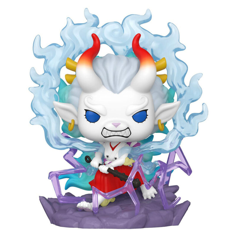 Figurine Funko POP de Yamato dans une pose dynamique, avec des éclairs violets autour du socle, expression déterminée et détails minutieux.