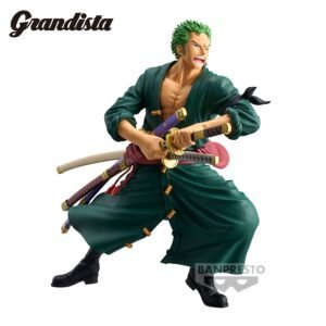 Figurine de Roronoa Zoro dans une posture dynamique, tenant un katana avec une expression faciale intense, fabriquée par Banpresto.