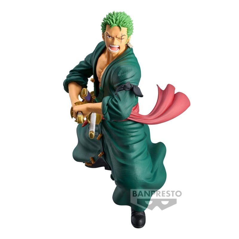Figurine de Roronoa Zoro dans une posture dynamique, tenant un katana avec une expression faciale intense, fabriquée par Banpresto.