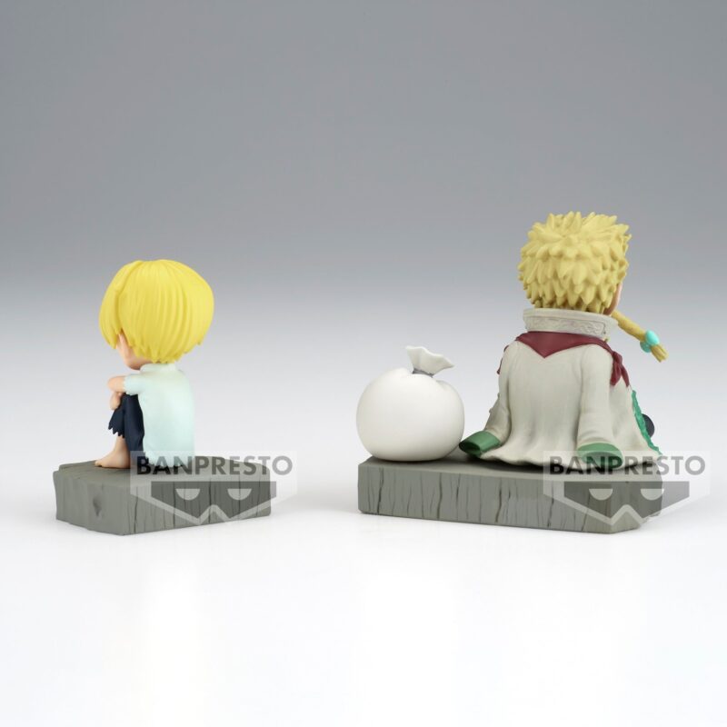 Figurine de Sanji et Zeff assis sur un rocher, mesurant 6 cm, représentant leur détermination après une tempête, fabriquée par Banpresto.