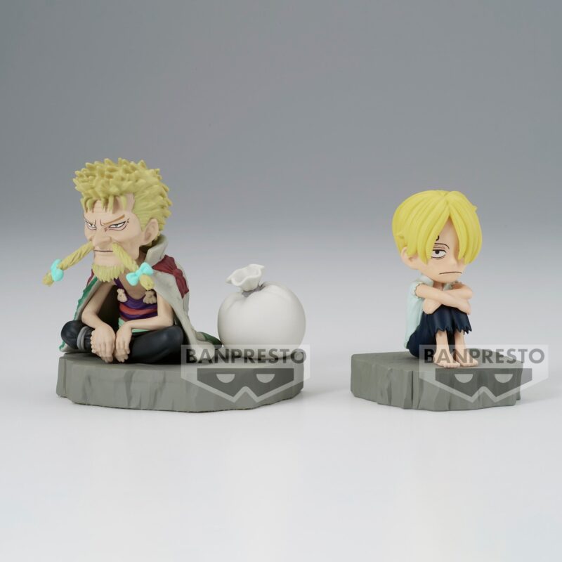 Figurine de Sanji et Zeff assis sur un rocher, mesurant 6 cm, représentant leur détermination après une tempête, fabriquée par Banpresto.